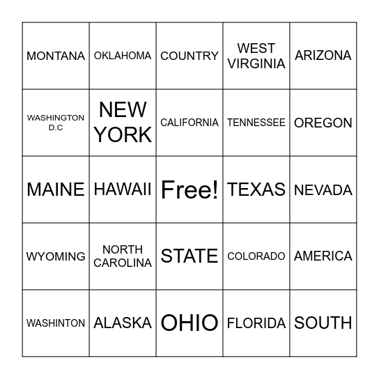 States and Locations Bingo Card