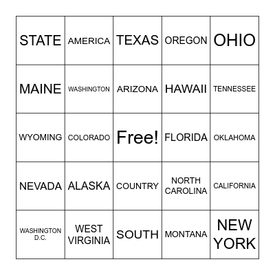 States and Locations Bingo Card