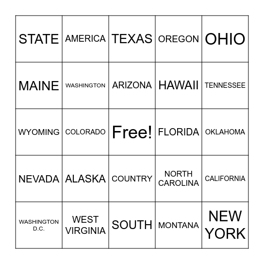 States and Locations Bingo Card
