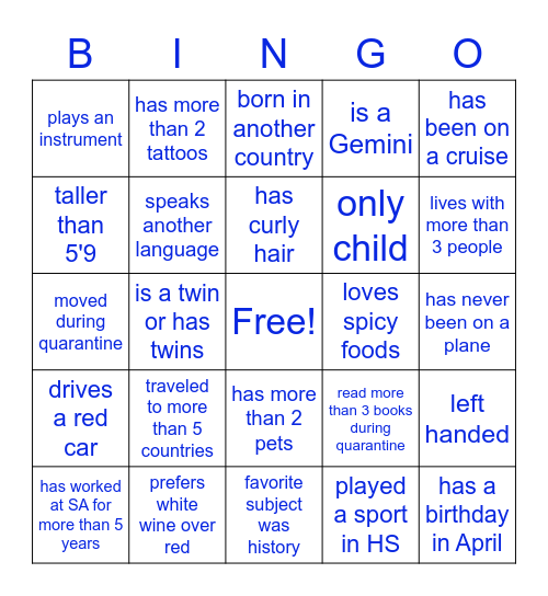 Schooling Get To Know You BINGO Card