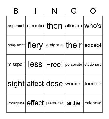 Confuseables Bingo Card