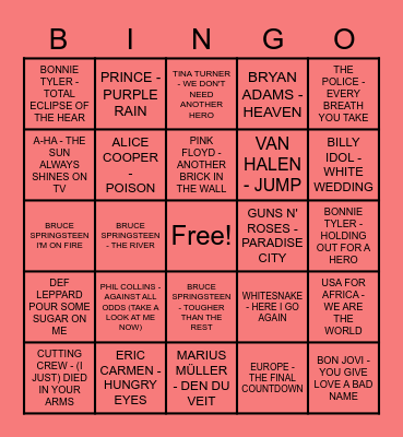 MUSIKKBINGO - 80 TALLS HITS Bingo Card