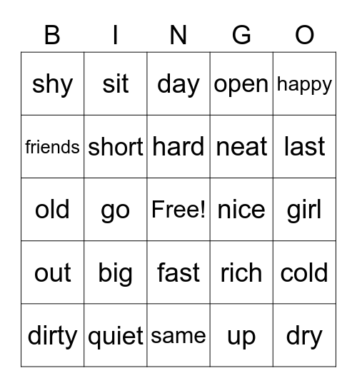 ANTONYMS Bingo Card