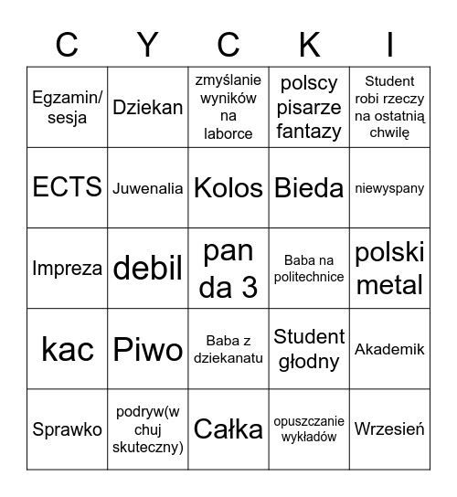 Studia w polsce moment Bingo Card