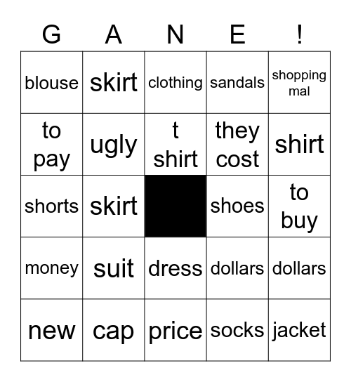 La ropa Bingo Card