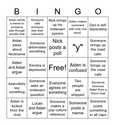 Friend Chat Bingo Card