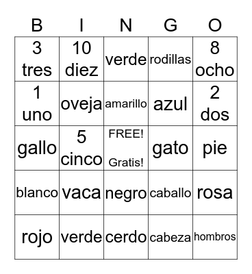 Espanol 1 Bingo Card