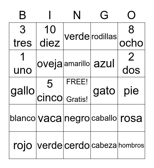 Espanol 1 Bingo Card