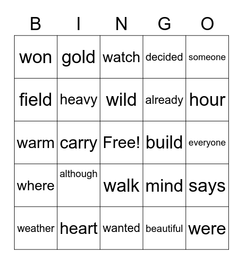 Irregular Words K & L Bingo Card
