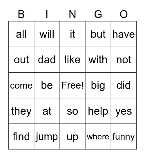 Sight Word Bingo Card