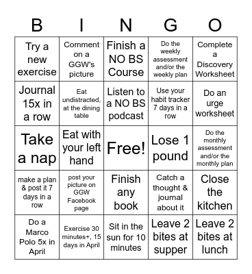 April Shower(s) Yourself with Weight Loss Bingo Card