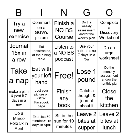 April Shower(s) Yourself with Weight Loss Bingo Card