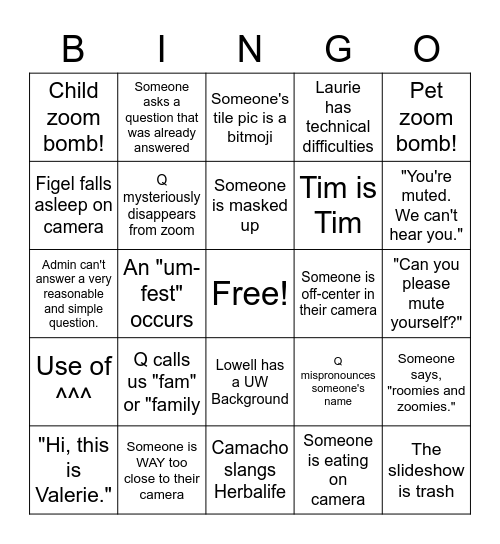 FHS Zoom Bingo Card