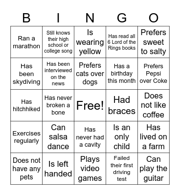 Getting to Know You Bingo Card