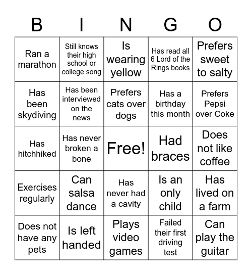 Getting to Know You Bingo Card