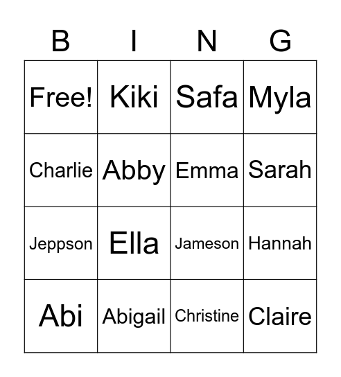 Names Bingo Card