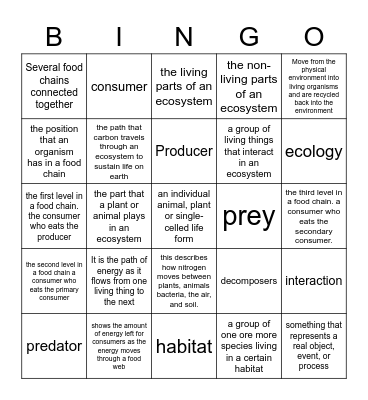 Ecosystem Vocabulary Bingo Card