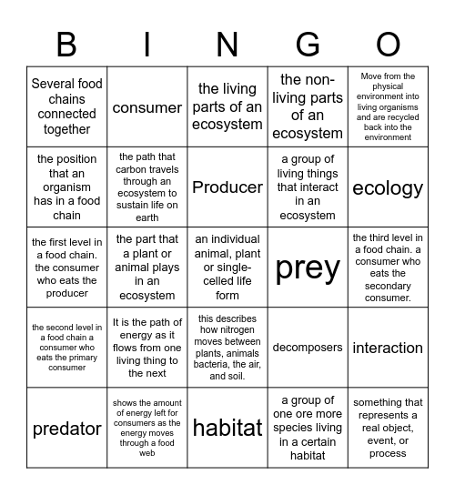 Ecosystem Vocabulary Bingo Card
