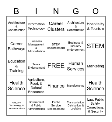 Career Cluster Bingo Card