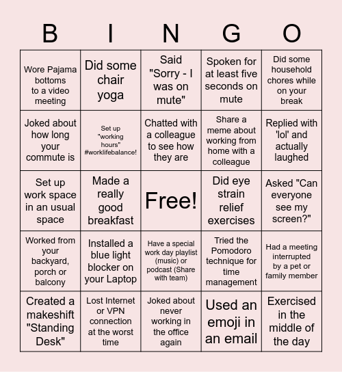 Remote Work Bingo Card