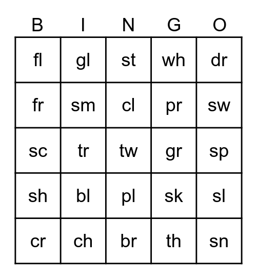 Blends and Digraphs Bingo Card