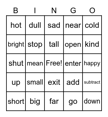 Analogy Bingo: Antonyms Bingo Card