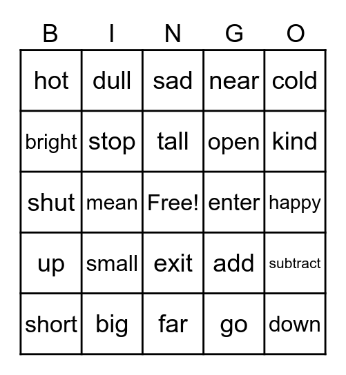 Analogy Bingo: Antonyms Bingo Card
