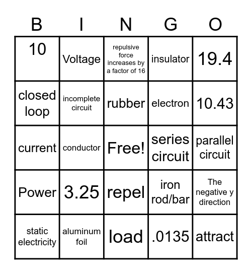 Electricity Bingo Card