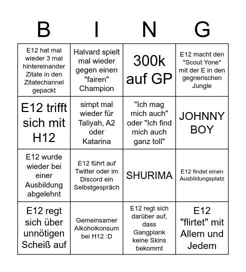 E12s verrücktes Leben Bingo Card