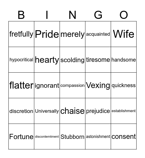 Pride and Prejudice: Glossary Bingo Card