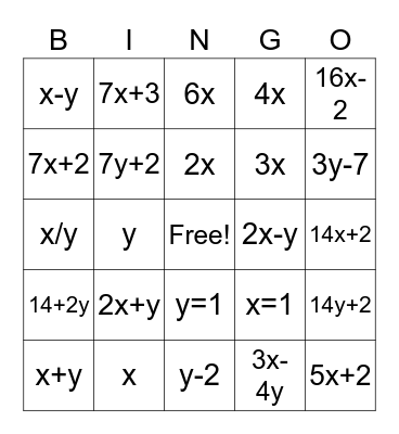 Algebra Bingo Card