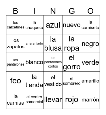 Vocab 4.1 clothes and colors Bingo Card