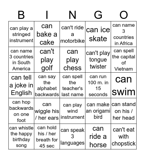 Can / Could Bingo Card