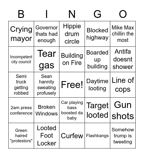 Minneapolis Riots Bingo Card