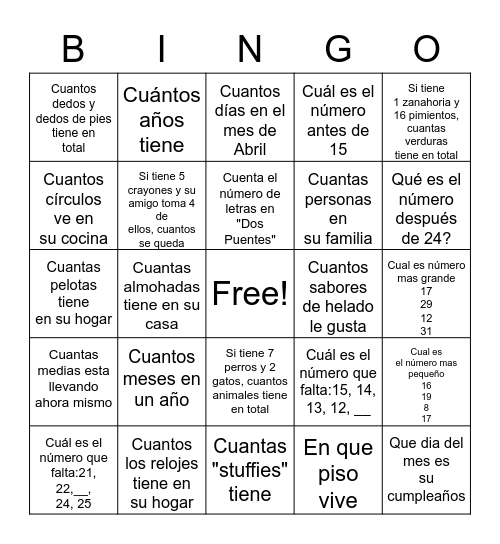 Kinder Bingo Espanol Bingo Card