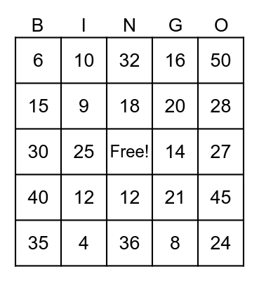Multiplication Bingo - 3s, 4s, 5s Bingo Card
