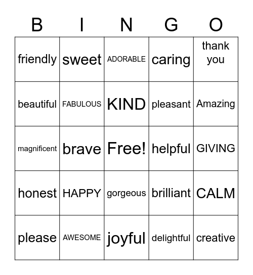 Julian's Kind Words Bingo Game Bingo Card
