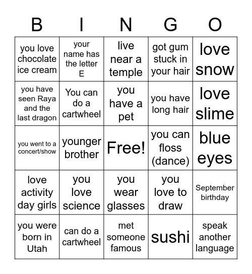 Activity Day Girls Bingo Card