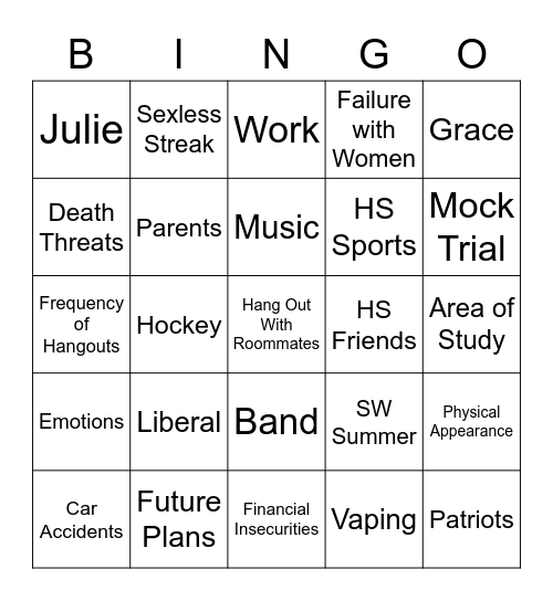 My Roommates Made Fun of: Bingo Card