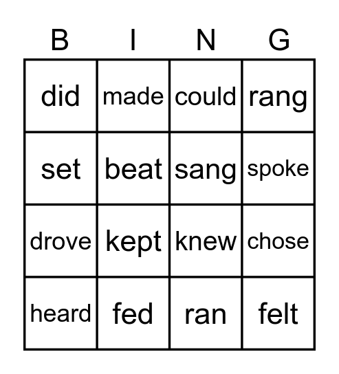 Past Simple Bingo Card