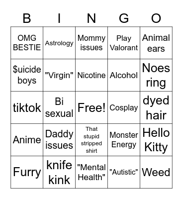Egirl Bingus Bingo Card