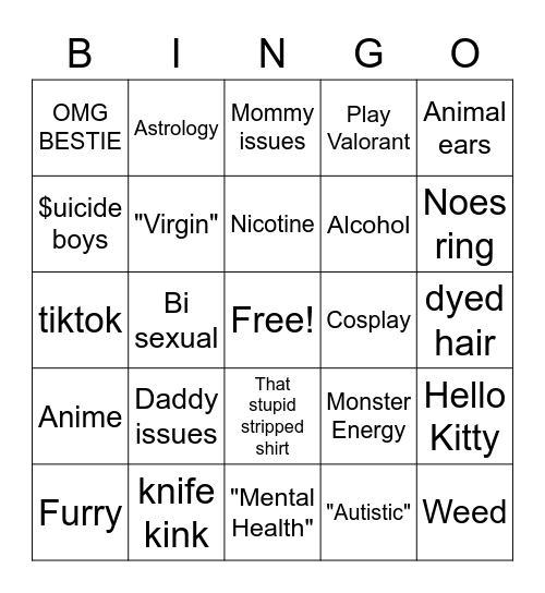 Egirl Bingus Bingo Card