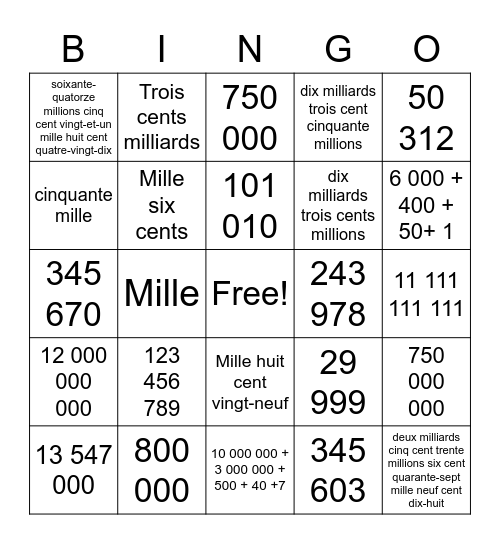 Les grands nombres Bingo Card