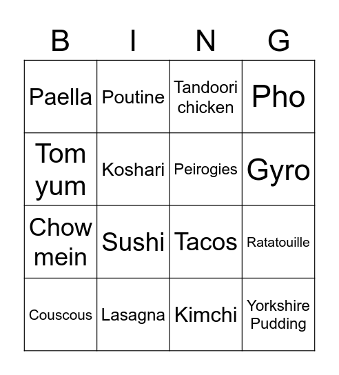 Food and country of origin Bingo Card