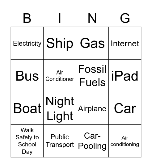 Energy and Transport Bingo Card