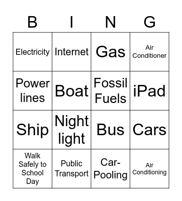 Energy and Transport Bingo Card