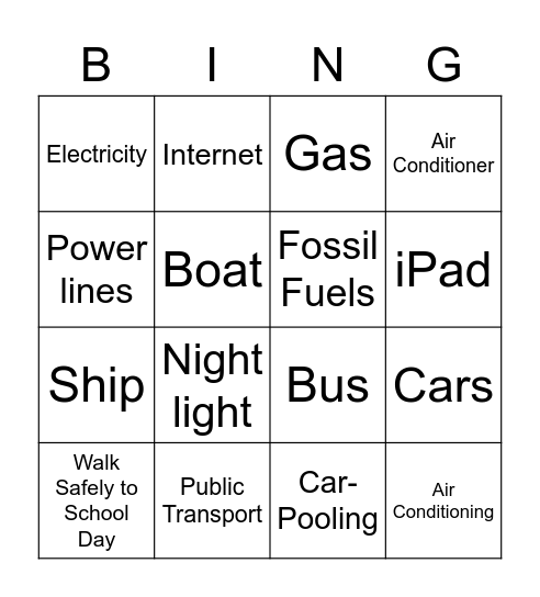 Energy and Transport Bingo Card