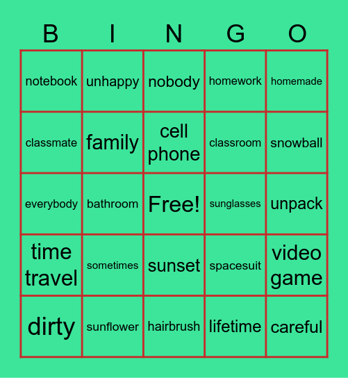 Spelling List 6 Bingo Card