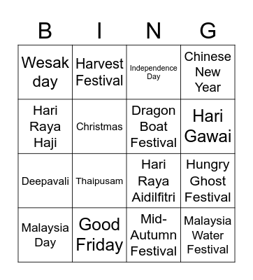 Festivals In Malaysia Bingo Card