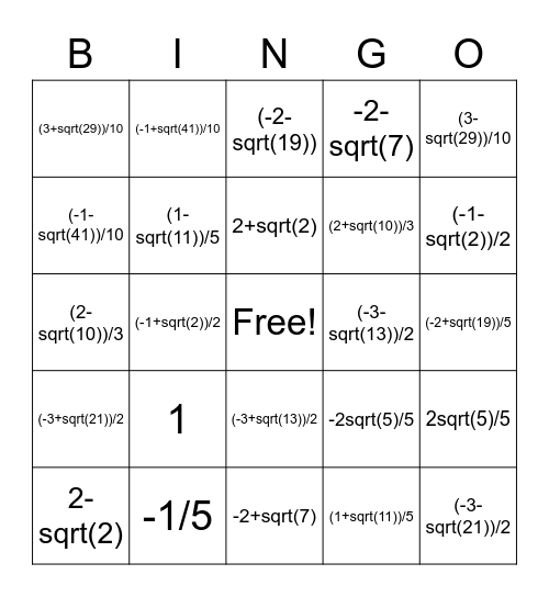Quadratic Bingo Card